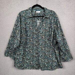 Croft & Barrow Top Womens 3X Black Blue Floral Button Up Office Career Country